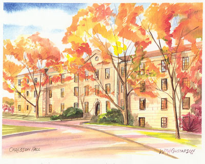 Watercoloring of Augustana College's Carlsson Hall (now Evald Hall) in the fall