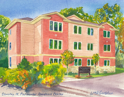 Watercoloring of Augustana College's Dorothy M. Parkander Residence Center in fall