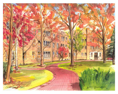 Watercoloring of Augustana College's Seminary Hall in the fall