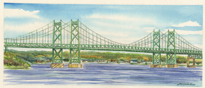 Watercoloring of the old I-74 bridge connecting Moline, IL to Bettendorf, IA