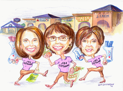Caricature of three women, in color
