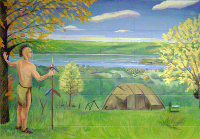 Mural of a native American looking toward the Mississippi River valley
