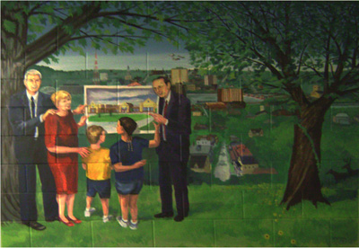 Mural of a family looking at a plan for a suburban area in the Mississippi River valley