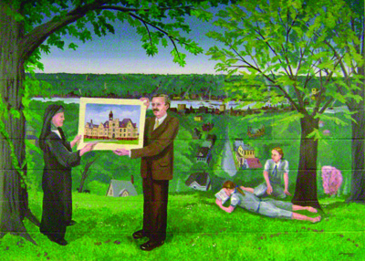 Mural of a family looking at a plan for a church in the Mississippi River valley