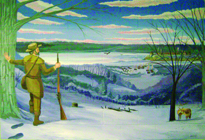 Mural of an explorer looking toward the Mississippi River Valley in winter