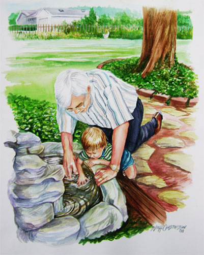 Portrait of a young child and his grandfather interacting with a body of water