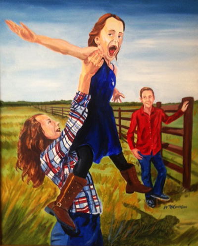 Portrait of two girls, one holding the other above her, while a man in a red shirt watches on from a wooden fence