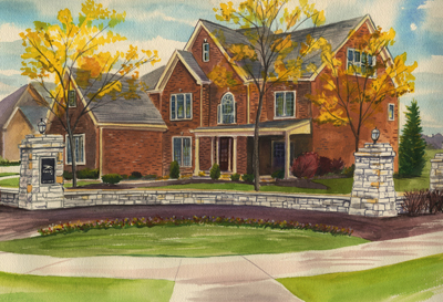 Watercoloring of a two-story brown house in the fall