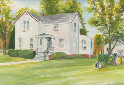 Watercoloring of a white house in summer with a tractor in the front yard