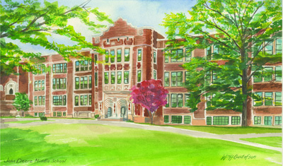 Watercoloring of the facade of a three-story brick school