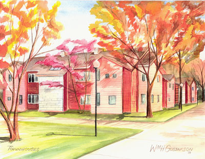 Watercoloring of Augustana College's townhouses in the fall