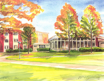 Watercoloring of Augustana College's Erickson Hall in the fall