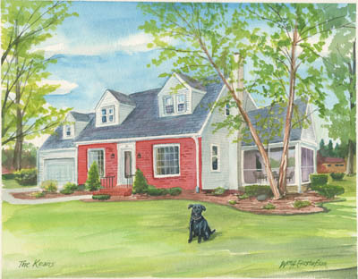 Watercoloring of a brick house with white siding and a black-shingled roof in the summer with a black dog in the front yard
