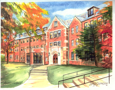 Watercoloring of Augustana College's Andreen Hall in the fall